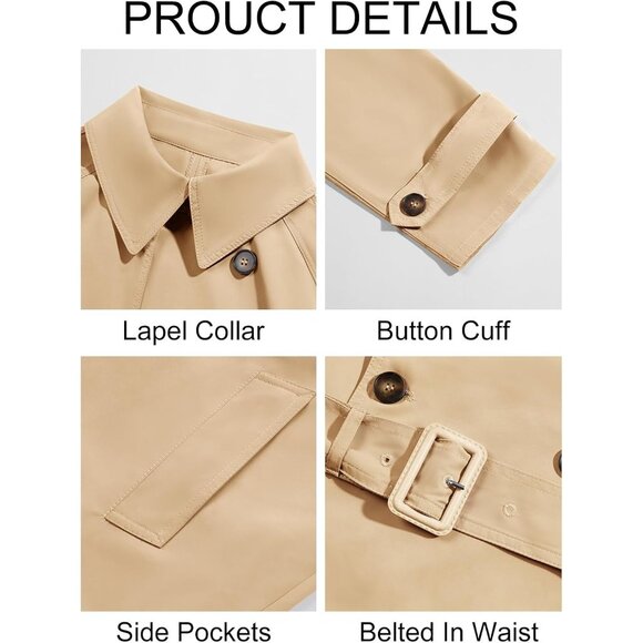 Mens Khaki  Double Breasted Belted Windbreaker Jackets Lapel Trench Coat - Picture 5 of 5